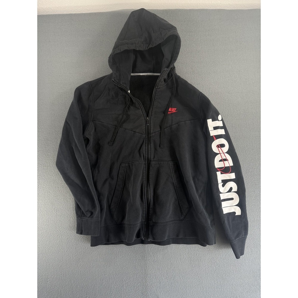 Nike Hoodie Mens Large Black Full Zip Fleece Sweatshirt Just Do It Graphic Logo